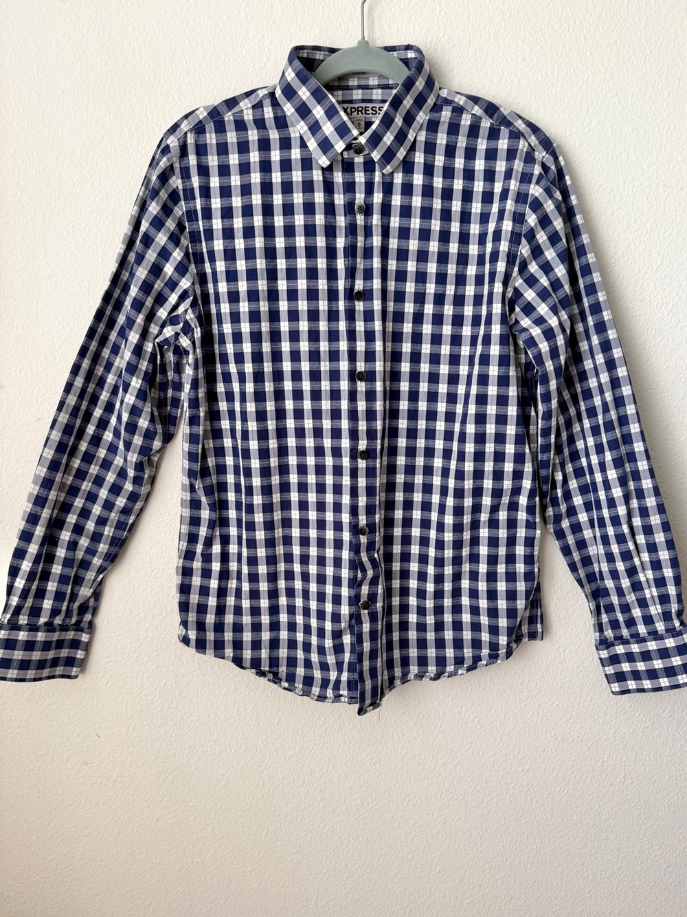 Express Men's Fitted Long Sleeve Button Up Shirt Blue White Gingham Plaid M - Picture 2 of 9